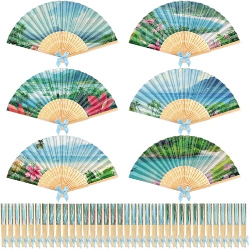 Roowest 36 Pcs Summer Tropical Folding Hand Fan Bulk Ocean Beach Lagoon Party Paper Fan with Blue Bow Palm Tree Landscape Handheld Fans for Luau Birthday Bridal Wedding Tea Party Hawaiian Decor by Roowest