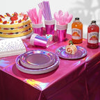 Iridescent Pink Party Supplies Decorations Serve 50, Hot Pink Holographic Paper Plates and Napkins Set, Disposable Pink Paper Plates Cups Knives Spoons Fork for Mermaid Disco Kpop Birthday Party Decor - Image 5
