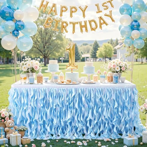 Wish Care 6ft Light Blue Sequin Table Skirt for Rectangle Tables Glitter Curly Willow Tutu Skirt Ruffle Table Cloth Desk Skirts for Birthday Baby Shower Ocean Baby Shark Party Cake Table Decorations - Image 2