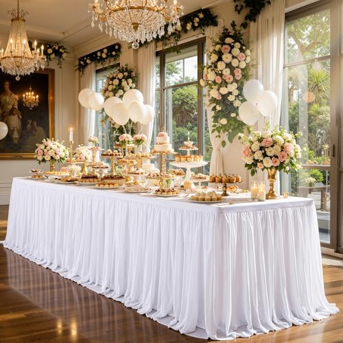 Wish Care 4 Pack White Tulle Table Cloth for 8 Foot Rectangle Tables White Tutu Desk Skirt Stretch Fitted Rectangular Tablecloths Wrinkle Free Ruffle Table Cover for Wedding Birthday Party Banquet - Image 2