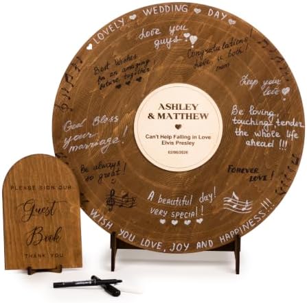 Custom Wood Round Record Wedding Guest Book Alternative, Rustic Vinyl Record Design for Wedding Reception, Graduation Guest Book, Vintage Event Decor (Walnut Wood) by WEDDINGbyEli