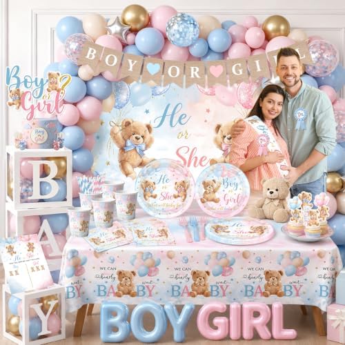 Bear Gender Reveal Decorations All-in-1 He or She Gender Reveal Decorations with Pink Blue Balloon Arch Baby Boxes Tableware Cake Toppers Tablecloth Backdrop Boy or Girl Bear Theme Party Supplies - Image 3