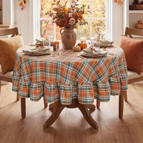 Romanstile Thanksgiving Plaid Ruffled Round Tablecloth 70 Inch Rust - Image 3