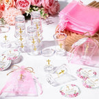 Funnymoom 50 Sets God Bless Flower Religious Party Supplies Baptism Cross Acrylic Clear Shot Glasses Pink Floral Thank You Tags with Organza Bags for Christening Celebration Baby Shower - Image 6