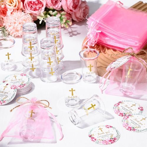 Funnymoom 50 Sets God Bless Flower Religious Party Supplies Baptism Cross Acrylic Clear Shot Glasses Pink Floral Thank You Tags with Organza Bags for Christening Celebration Baby Shower - Image 6