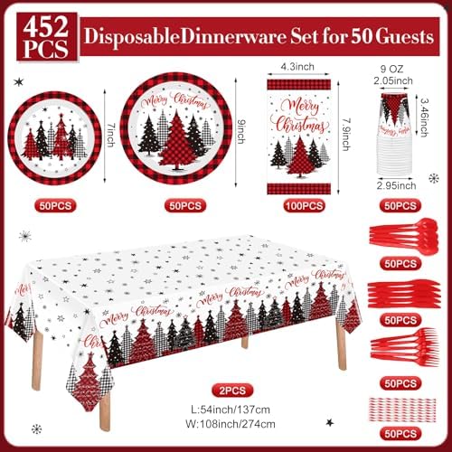 Funnymoom 452 Pcs Christmas Tree Party Supplies for 50, Red Buffalo Plaid Gingham Christmas Paper Plates Napkins Cups Tablecloth Cutlery Straws Tableware Set for Xmas Holiday Party Decorations - Image 3