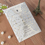 Hosmsua 50PCS Personalized Laser Cut Wedding Invitation Cards with Ribbon 5.12 x 7.3'' Lace Flora Wedding Invitations for Quinceanera Birthday invites (Sliver Glitter) Customized Printed - Image 5