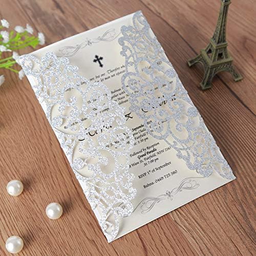 Hosmsua 50PCS Personalized Laser Cut Wedding Invitation Cards with Ribbon 5.12 x 7.3'' Lace Flora Wedding Invitations for Quinceanera Birthday invites (Sliver Glitter) Customized Printed - Image 5