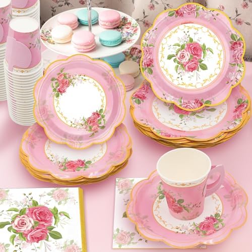 200Pcs Floral Tea Cups and Saucers for Tea Party Supplies, Disposable Tea Cups with Handle and Paper Napkins Dinnerware for Floral Theme Birthday Wedding Bridal Shower Baby Shower（Pink） - Image 2