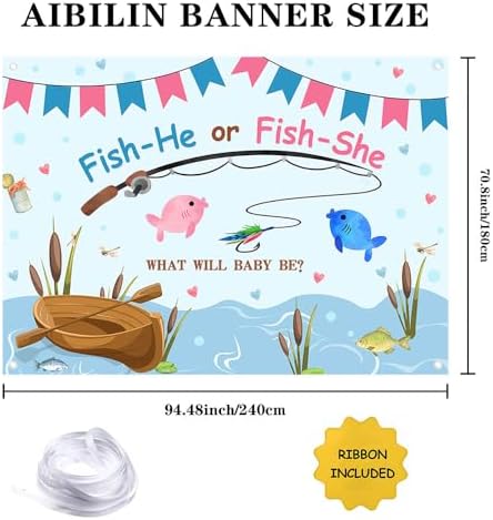 AIBIIN Fishing Gender Reveal Backdrop Blue and Pink Fish He Or Fish She What Will Baby Be Photography Background Ocean Boy or Girl Gender Reveal Party Banner Photo Prop 8x6ft - Image 2