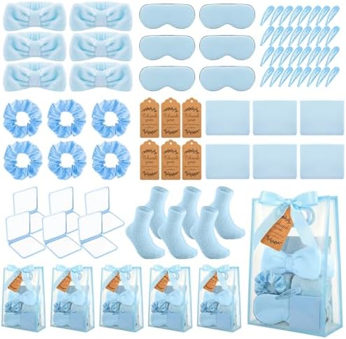 54 Pcs Baby Shower Prizes for Winners Prizes Gifts 6 Sets with Headbands Eye Masks Mirrors Hair Ties Hair Clips Socks Storage Bags Thank Card Gift Bag for Baby Shower Party Wedding (Blue) by Hillsuren