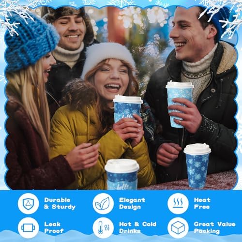 Jingmore 48 Sets 16oz Disposable Paper Coffee Cups with Lids Sleeves Straws Holiday Paper Drinking Cups Bulk for Hot Cold Beverages Home Business Cafe Birthday Party Supplies (Snowflake) - Image 6
