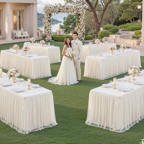 Ivory Fitted Tablecloth Rectangle 8 Foot Stretch Elastic Tulle Ruffle Tablecloths Rectangular Spandex Table Covers 8ft Birthday Baby Shower Party Wedding Table Cloths with Skirt - Image 6