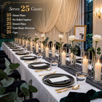 KIRE 175Pcs Black Plates Disposable - Heavy Duty Black and Gold Plastic Plates- 25 for Dinner 25 for Dessert 25 Pre Rolled Gold Silverware and 25 Cups for Party/Wedding/Father's Day/Halloween - Image 6