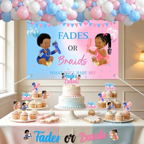 Fades Or Braids Gender Reveal Party Decorations Kit With 4.9 x 3.3 ft Backdrop Banner Balloon Garland Cake Topper Cupcake Toppers Sash And Letter Banner For Baby Shower Celebration - Image 4