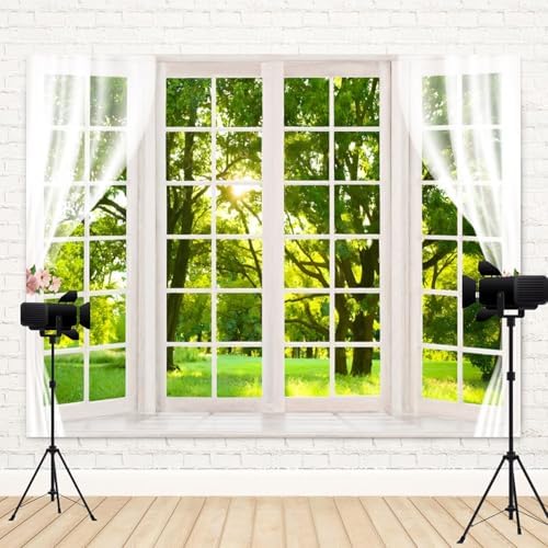 12x10ft Spring Backdrop Window Scenery Green Forest Photography Background Jungle Trees Sunshine Nature Landscape Wedding Banner Decorations Girl Woman Birthday Portrait Photo Booth Prop - Image 4