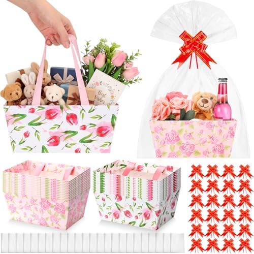 Funnymoom 24 Pcs Mother's Day Basket for Gifts Empty Vintage Floral Tulip Gift Basket Empty to Fill with Handle, Transparent Bag and Bow for Best Mom Gift Flower Tea Party Supplies, 9.8 x 6.5 x 4.3'' by Funnymoom
