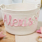 Personalized Cute Small Woven Basket with Handles, Custom Cotton Rope Room Shelf Storage Basket, Empty Decorative Gift Basket, Decorative Round Bin for Nursery Bedroom Bathroom (Style E) - Image 6