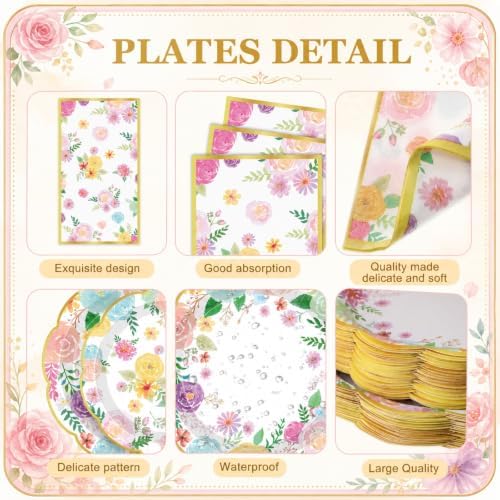 Pickmesh 250 Pcs Garden Blooms Wildflower Disposable Tableware Set Watercolor Floral Paper Plates Napkins and Cups for Wedding Birthday Party Supplies Bridal Baby Shower Engagement, Serve 50 Guest - Image 2