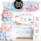Fishhe or Fishshe Gender Reveal Decorations, Girl or Boy Themed Party Balloon Arch Kit Supplies Includes Balloon Boxes Banner Sash Badge Backdrop Tablecloth Toppers Poster Marker 152 PCs by Fiesec