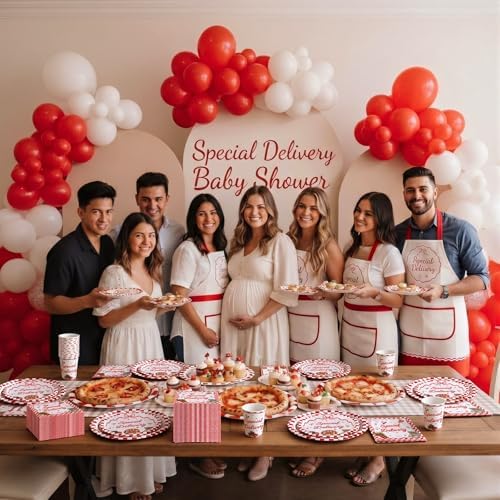 FoldTier 250 Pcs Special Delivery Pizza Baby Shower Party Supplies Disposable Tableware Set Serves 50 Guests Italian Pizza Theme Paper Plates Cups Napkins for Gender Reveal Birthday Party Decoration - Image 4