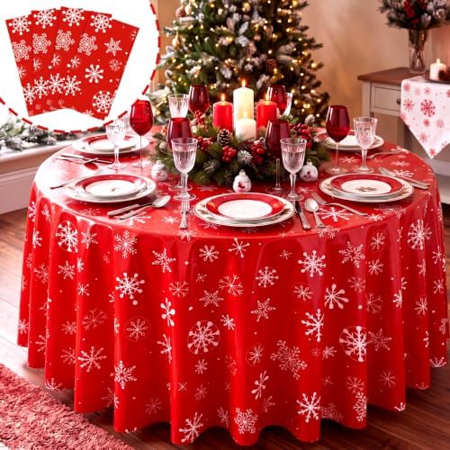 Ganeen 12 Pcs Snowflake Tablecloth Red White, Plastic Round Winter Xmas - Image 4