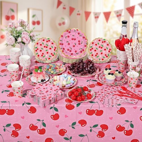 Ceenna 452 Pcs Cherry Party Decoration for 50 Guest, Cherry Paper Plates Napkins Cups Tablecloth Cutlery Straw Summer Fruit Disposable Tableware for Picnic Birthday Baby Shower Party Supplies - Image 6