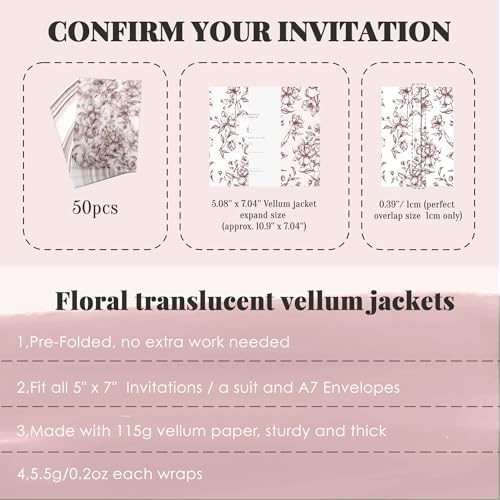 UNIQOOO 50 Pack Pre-Folded Burgundy Floral Vellum Jackets&UNIQOOO Wax Seal Stickers - 3D Magnolia - Image 4