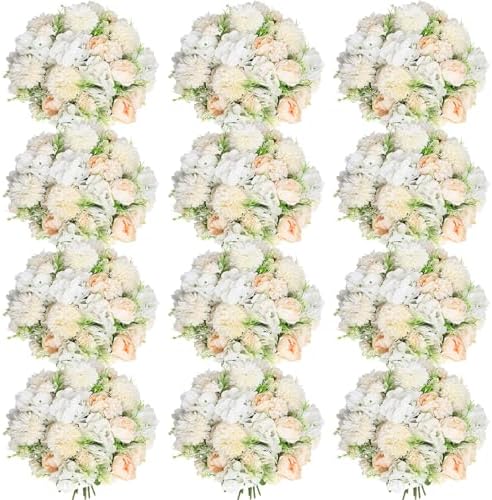 Tigeen 12 Bundles Artificial Flowers Bouquet Silk Peonies, Champagne White by Tigeen