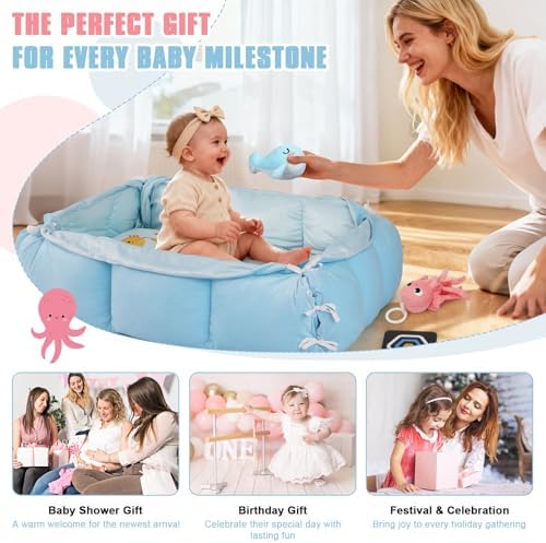 5-in-1 Tummy Time Mat Baby Activity Gym with Cartoon Pattern, Extra Thick Plush Play Floor Mat, Featuring Hanging Toys, Ocean - Image 7