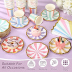 Yungyan 216 Pcs 72 Guests Pastel Paper Plates and Napkins 9 oz Party Cups 6" Scalloped Pastel Dessert Plates Colorful Stripe Disposable Tableware Set for Birthday Ice Cream Carnival Party Supplies - Image 3