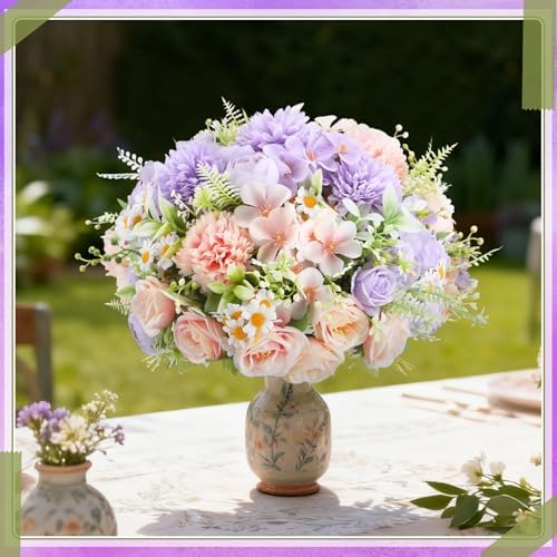 Tigeen 6 Bundles Artificial Flowers Bouquet for Wedding, Pink Purple - Image 4