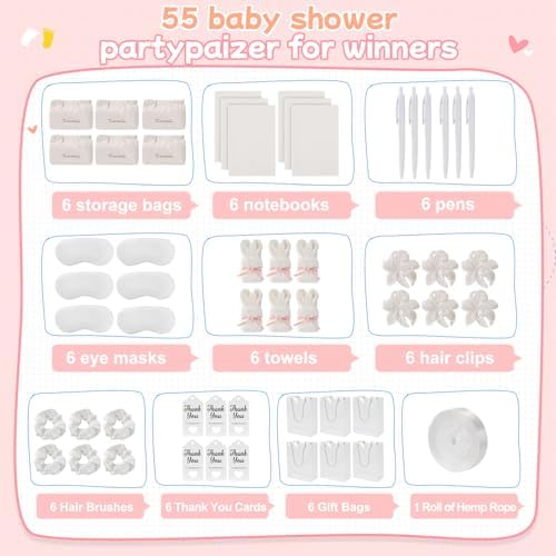 55-Piece Baby Shower Game Winner Prize Set, Including Hair Ties, Eye Mask, Makeup Bag and Gift Bag, Suitable for Baby Shower Game Prizes, Weddings and Bridal Shower Gifts (White) - Image 2