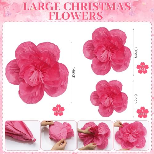 Giegxin 28 Pcs 14'' 10'' 6'' Hot Pink Christmas Paper Flowers Ornaments - Image 3