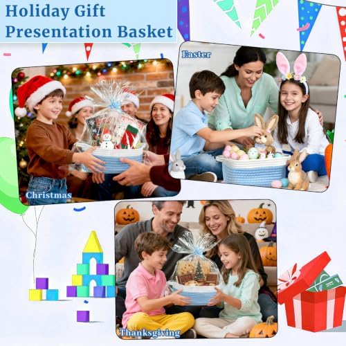 8 Pack Small Woven Baskets with Gift Bags & Ribbons & Cards, Cotton Rope Durable Storage with Handles 12"x8"x5" Empty Gift Baskets for Mother's Day, Baby Showers, Birthdays & Raffle (Blue) - Image 7