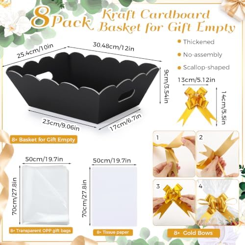Fuyoooo 8 Pack Black Baskets for Gifts Empty to Fill, Sturdy 10" x 12" Scalloped Edged Empty Gift Basket Kit Bulk with Handles, 8 Wrap Bags, 16 Tissue Paper and 8 Bows for Wedding Party - Image 2
