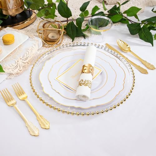 WDF Partyware 350 Pieces Gold Disposable Plates for 50 Guests, Plastic Plates for Party, Dinnerware Set of 50 Dinner Plates, 50 Salad Plate, 50 Spoons, 50 Forks, 50 Knives, 50 Cups for Wedding/Party - Image 2