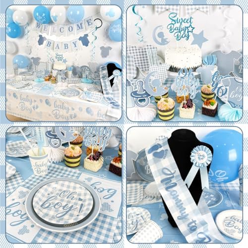 Blue Baby Shower Decorations Boy Blue Gingham Baby Shower Party Decor - Image 5