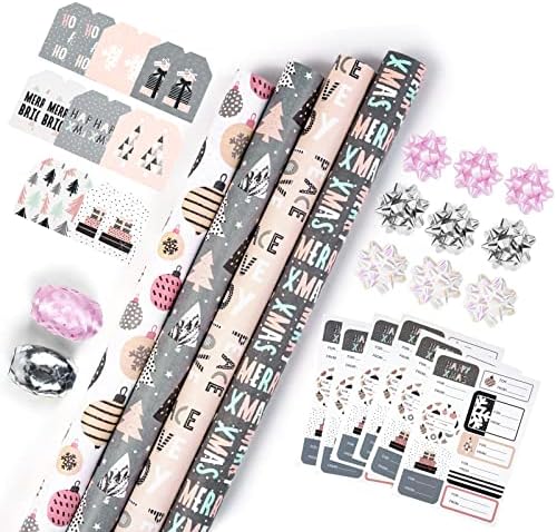 WRAPAHOLIC Christmas Wrapping Paper Set - Rustic Kraft Pink and Grey Christmas Kraft Wrapping Paper Bundle with Gift Bow & Ribbon & Tag & Sticker, Perfect for Birthday, Holiday, Party by WRAPAHOLIC