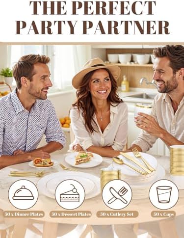 WDF 300Pcs White and Gold Plastic Plates - Gold Plates Disposable - Disposable Dinnerware Include 50 Dinner Plate 50 Dessert Plate 150 Cutlery 50 9oz Cups for Wedding/Birthday/Party/Thanksgiving - Image 5