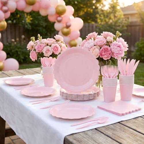 350 Pcs Light Pink Paper Plates and Napkins Dinnerware Set, Serves 50 - Image 6