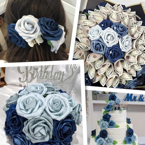 50pcs Dusty Blue Foam Fake Roses with Stems Navy Light Blue Artificial Flowers Real Looking for DIY Wedding Bouquets Bridal Shower Centerpieces Floral Arrangements Party Tables Home Decor Bulk - Image 5