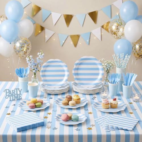Funnymoom 434 Pcs Blue Striped Party Decorations Scalloped Plates Serves 48 - Image 4