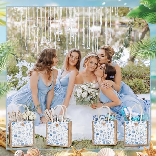 Abbylike 8 Pcs Ocean Seashell Beach Gift Bag Burlap Sea Shell Starfish Bow Party Favor Bags Coastal Reusable Canvas Goodie Candy Tote with Handle for Summer Wedding Sea Baby Shower Birthday Decor - Image 2