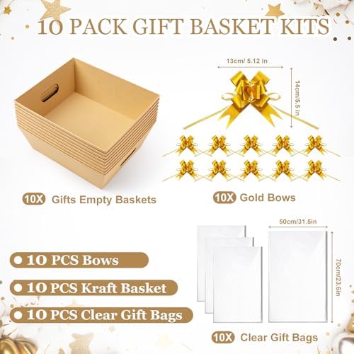 AFOROEOA 10PACK Baskets For Gifts Empty, 10 x 8”Thick Kraft Gift Basket with 10 Clear Gift Bags and 10 Pull Bows, Empty Gift Baskets for Christmas, Thanksgiving Wedding Birthday Party Wrapping Gift - Image 5