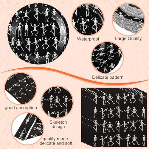 Pickmesh 400 Pcs Party Supplies Disposable Paper Plates Napkins and Cups Decorations for Men Women(Skeleton,Black) - Image 3