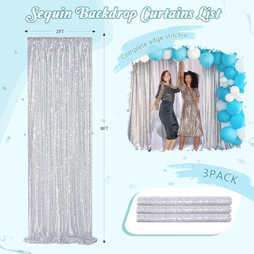 Silver Sequin Backdrop Party Decorations - 3 Packs 2ft x 8ft Silver Curtain - Image 6