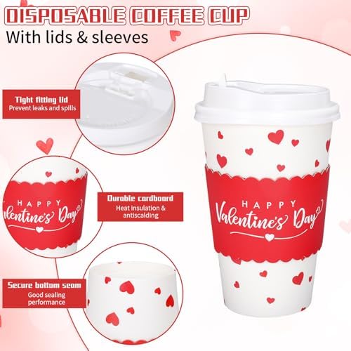 Whaline 50 Pcs Valentine's Day Disposable Coffee Cups with Lids and Sleeves Red Mini Love Heart Paper Drinking Cups for Wedding Anniversary Party Supplies - Image 3