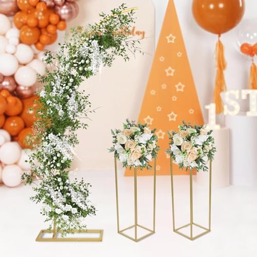 Ballon Stand 6.56 Ft(2M) and 2pcs Flower Stands 31.5 in,Metal Wedding Arch,Half Arch Balloon Stand with Base for Ceremony Birthday Baby Shower Anniversary Background Decoration (Golden) - Image 2