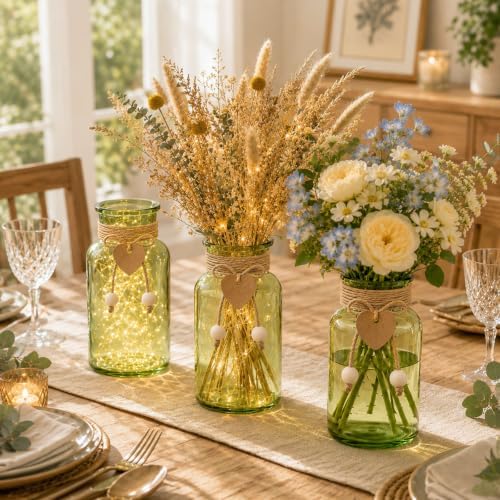 TBWIND Vintage Glass Flower Vase, 6PCS Farmhouse Green Mason Jar Vases - Image 3